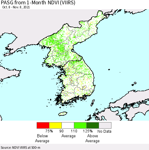 Korea PASG from 1-Month NDVI (VIIRS) Thematic Map For 11/1/2021 - 11/8/2021