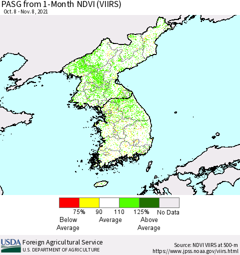 Korea PASG from 1-Month NDVI (VIIRS) Thematic Map For 11/1/2021 - 11/10/2021