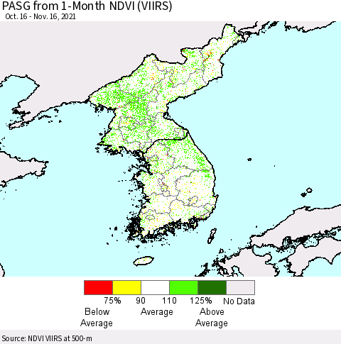 Korea PASG from 1-Month NDVI (VIIRS) Thematic Map For 11/9/2021 - 11/16/2021