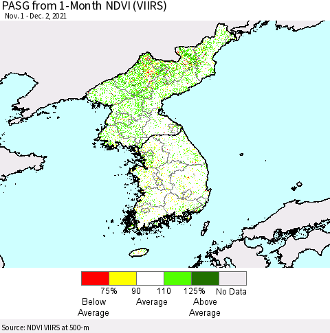 Korea PASG from 1-Month NDVI (VIIRS) Thematic Map For 11/25/2021 - 12/2/2021
