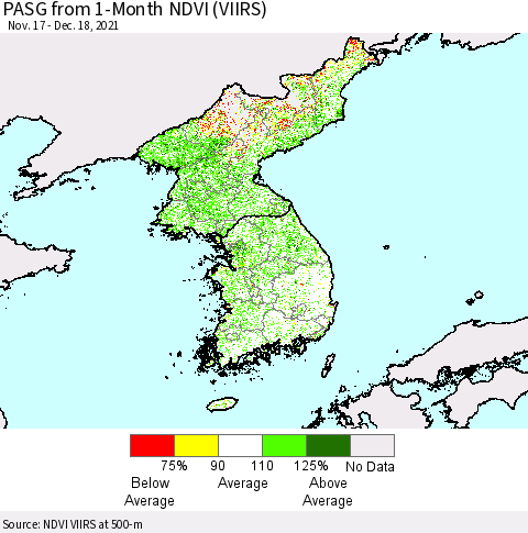 Korea PASG from 1-Month NDVI (VIIRS) Thematic Map For 12/11/2021 - 12/18/2021