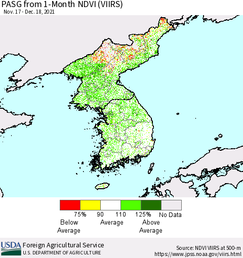 Korea PASG from 1-Month NDVI (VIIRS) Thematic Map For 12/11/2021 - 12/20/2021