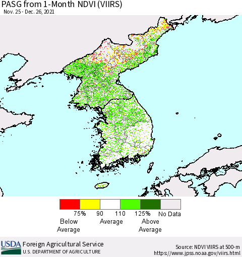 Korea PASG from 1-Month NDVI (VIIRS) Thematic Map For 12/21/2021 - 12/31/2021