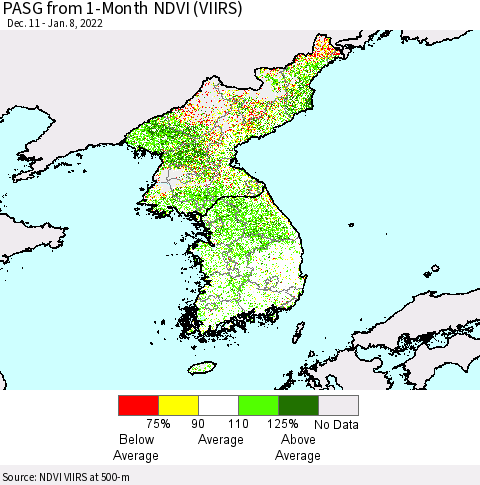 Korea PASG from 1-Month NDVI (VIIRS) Thematic Map For 1/1/2022 - 1/8/2022