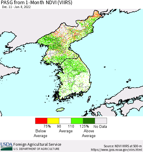 Korea PASG from 1-Month NDVI (VIIRS) Thematic Map For 1/1/2022 - 1/10/2022