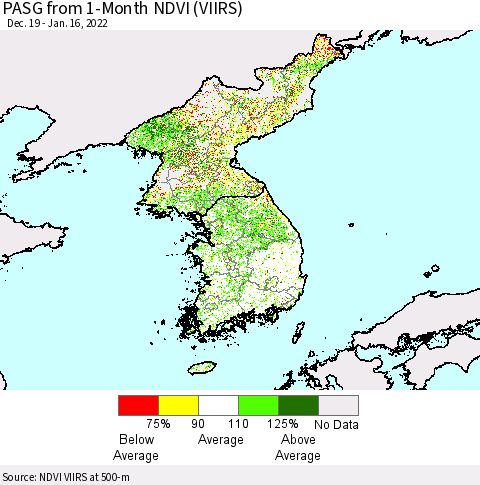Korea PASG from 1-Month NDVI (VIIRS) Thematic Map For 1/9/2022 - 1/16/2022