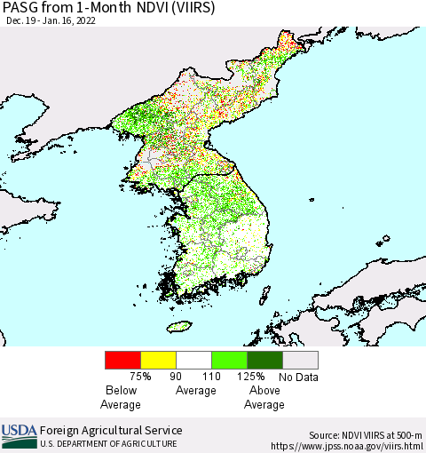 Korea PASG from 1-Month NDVI (VIIRS) Thematic Map For 1/11/2022 - 1/20/2022