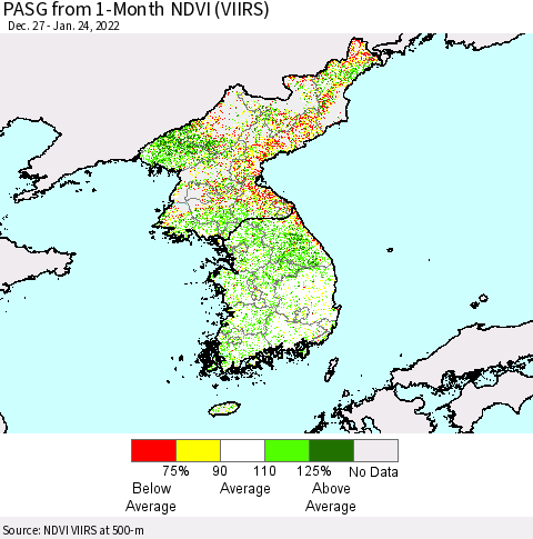 Korea PASG from 1-Month NDVI (VIIRS) Thematic Map For 1/17/2022 - 1/24/2022