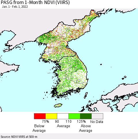 Korea PASG from 1-Month NDVI (VIIRS) Thematic Map For 1/25/2022 - 2/1/2022