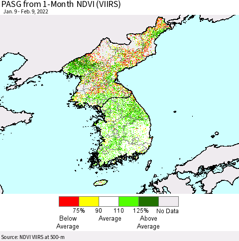 Korea PASG from 1-Month NDVI (VIIRS) Thematic Map For 2/2/2022 - 2/9/2022
