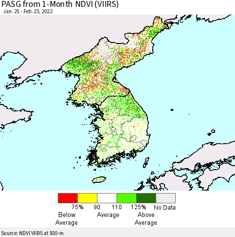 Korea PASG from 1-Month NDVI (VIIRS) Thematic Map For 2/18/2022 - 2/25/2022