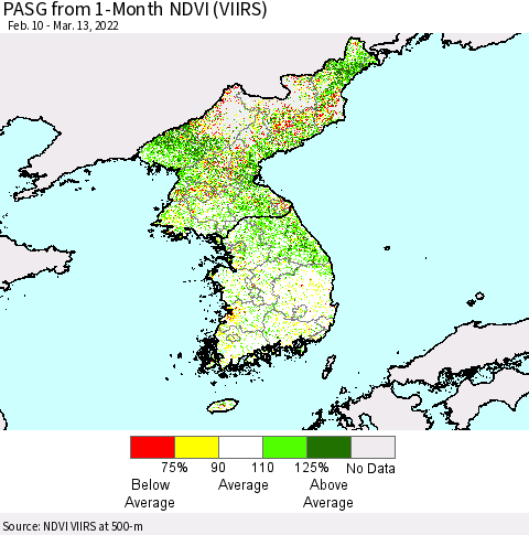 Korea PASG from 1-Month NDVI (VIIRS) Thematic Map For 3/6/2022 - 3/13/2022