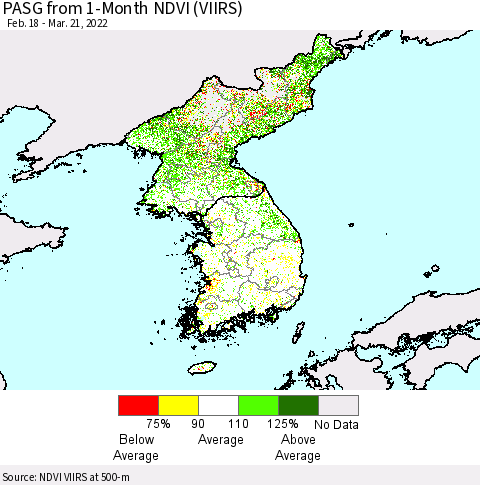 Korea PASG from 1-Month NDVI (VIIRS) Thematic Map For 3/14/2022 - 3/21/2022