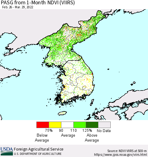 Korea PASG from 1-Month NDVI (VIIRS) Thematic Map For 3/21/2022 - 3/31/2022