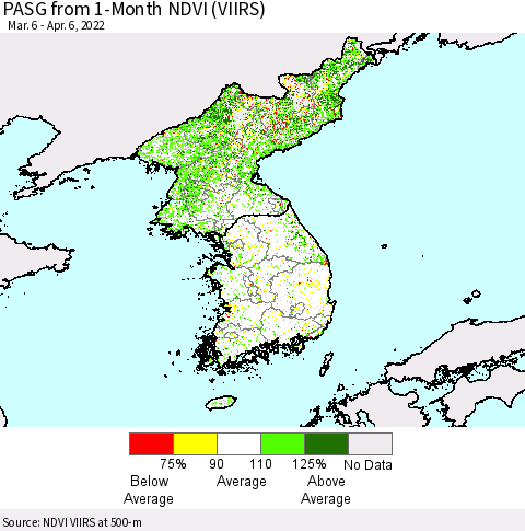 Korea PASG from 1-Month NDVI (VIIRS) Thematic Map For 3/30/2022 - 4/6/2022