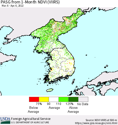Korea PASG from 1-Month NDVI (VIIRS) Thematic Map For 4/1/2022 - 4/10/2022