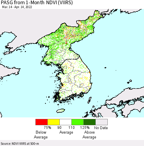 Korea PASG from 1-Month NDVI (VIIRS) Thematic Map For 4/7/2022 - 4/14/2022