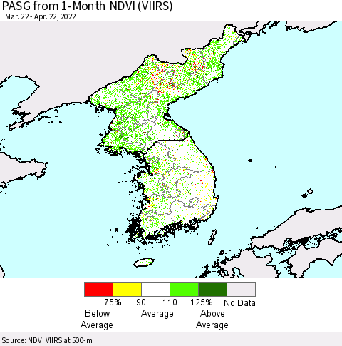 Korea PASG from 1-Month NDVI (VIIRS) Thematic Map For 4/15/2022 - 4/22/2022