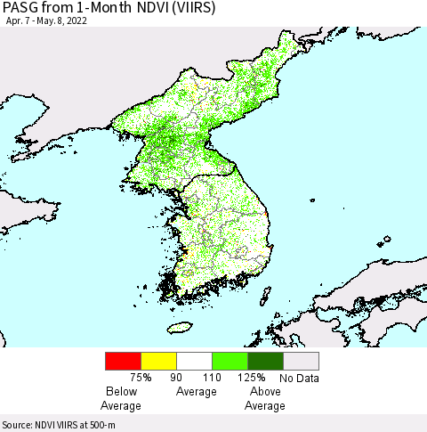 Korea PASG from 1-Month NDVI (VIIRS) Thematic Map For 5/1/2022 - 5/8/2022