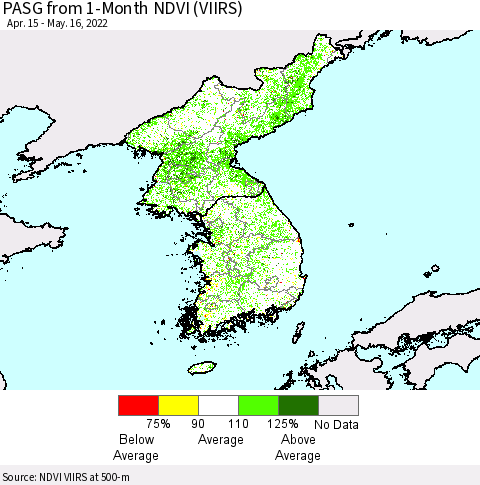 Korea PASG from 1-Month NDVI (VIIRS) Thematic Map For 5/9/2022 - 5/16/2022