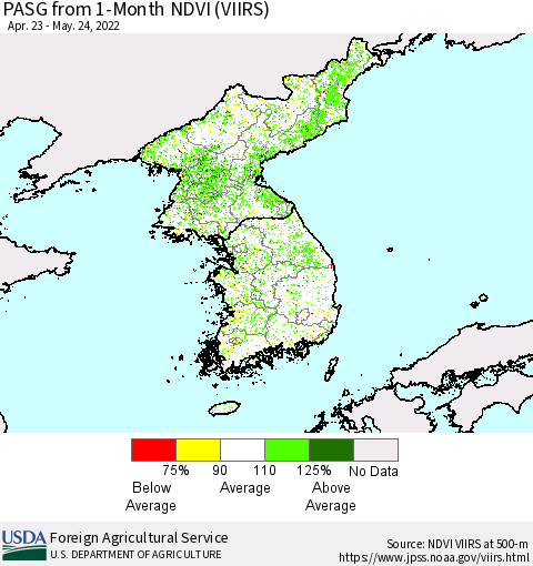 Korea PASG from 1-Month NDVI (VIIRS) Thematic Map For 5/21/2022 - 5/31/2022