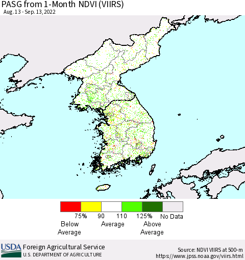 Korea PASG from 1-Month NDVI (VIIRS) Thematic Map For 9/11/2022 - 9/20/2022
