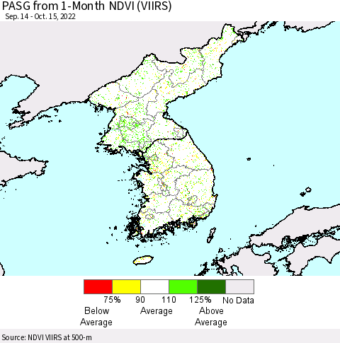 Korea PASG from 1-Month NDVI (VIIRS) Thematic Map For 10/8/2022 - 10/15/2022