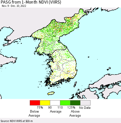 Korea PASG from 1-Month NDVI (VIIRS) Thematic Map For 12/1/2022 - 12/10/2022