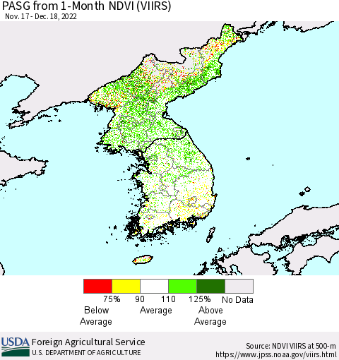 Korea PASG from 1-Month NDVI (VIIRS) Thematic Map For 12/11/2022 - 12/20/2022