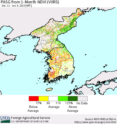 Korea PASG from 1-Month NDVI (VIIRS) Thematic Map For 1/1/2023 - 1/10/2023