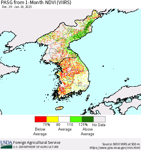 Korea PASG from 1-Month NDVI (VIIRS) Thematic Map For 1/11/2023 - 1/20/2023