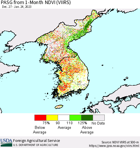 Korea PASG from 1-Month NDVI (VIIRS) Thematic Map For 1/21/2023 - 1/31/2023