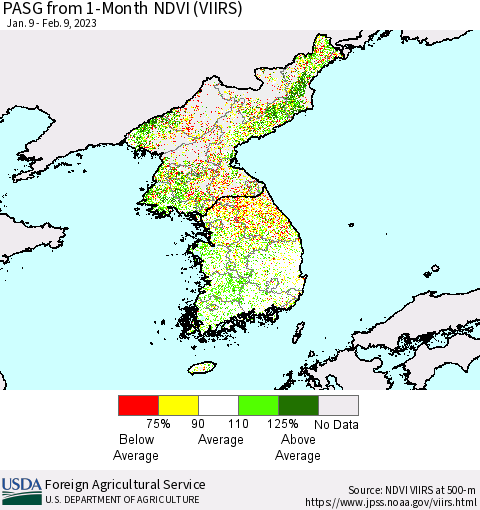 Korea PASG from 1-Month NDVI (VIIRS) Thematic Map For 2/1/2023 - 2/10/2023