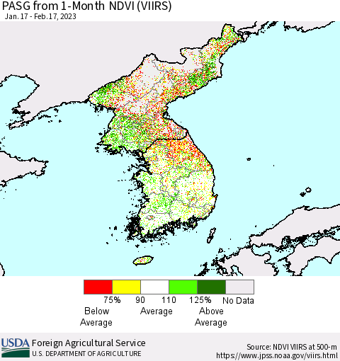 Korea PASG from 1-Month NDVI (VIIRS) Thematic Map For 2/11/2023 - 2/20/2023