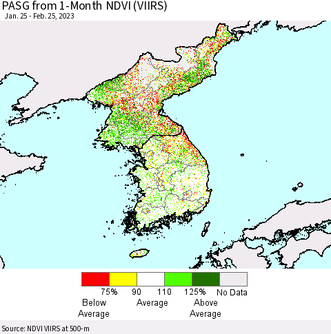 Korea PASG from 1-Month NDVI (VIIRS) Thematic Map For 2/18/2023 - 2/25/2023