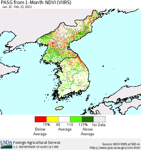 Korea PASG from 1-Month NDVI (VIIRS) Thematic Map For 2/21/2023 - 2/28/2023