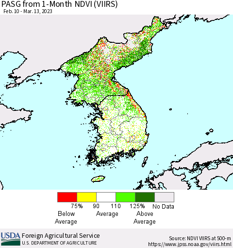 Korea PASG from 1-Month NDVI (VIIRS) Thematic Map For 3/11/2023 - 3/20/2023
