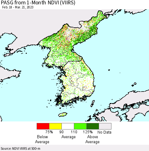 Korea PASG from 1-Month NDVI (VIIRS) Thematic Map For 3/14/2023 - 3/21/2023