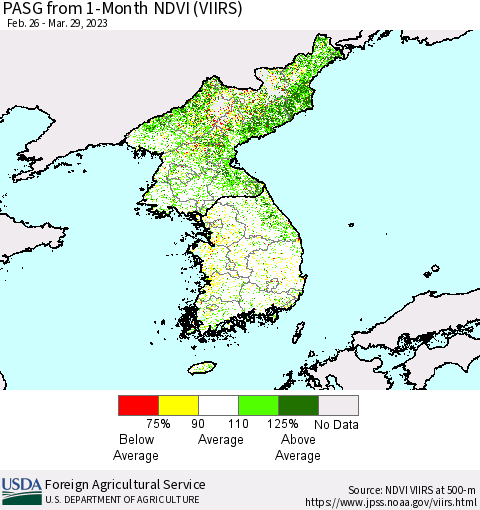 Korea PASG from 1-Month NDVI (VIIRS) Thematic Map For 3/21/2023 - 3/31/2023