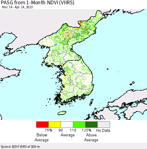 Korea PASG from 1-Month NDVI (VIIRS) Thematic Map For 4/7/2023 - 4/14/2023
