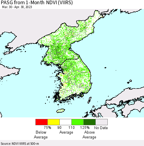 Korea PASG from 1-Month NDVI (VIIRS) Thematic Map For 4/21/2023 - 4/30/2023