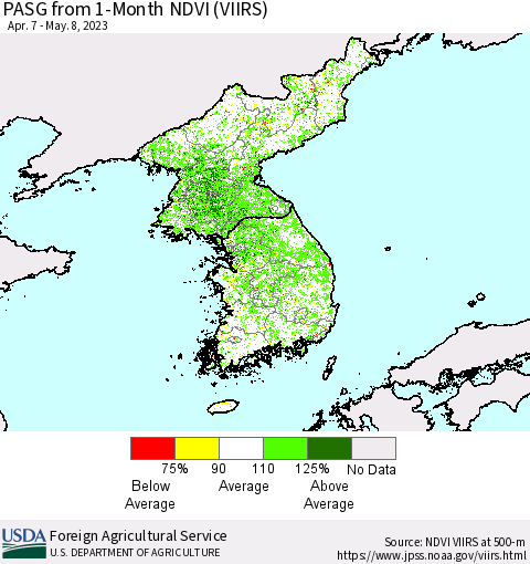 Korea PASG from 1-Month NDVI (VIIRS) Thematic Map For 5/1/2023 - 5/10/2023