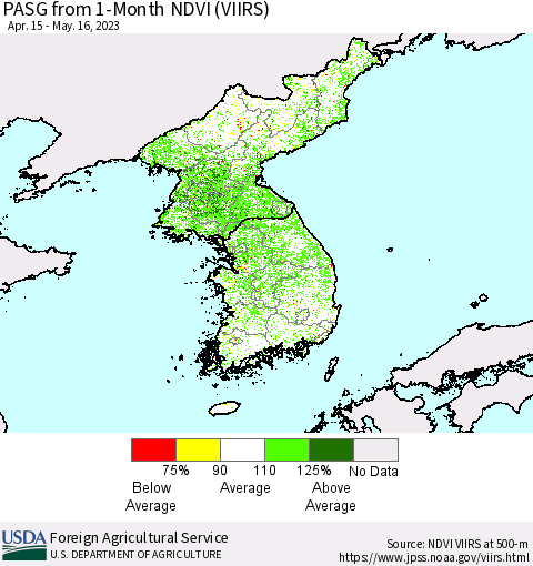 Korea PASG from 1-Month NDVI (VIIRS) Thematic Map For 5/11/2023 - 5/20/2023