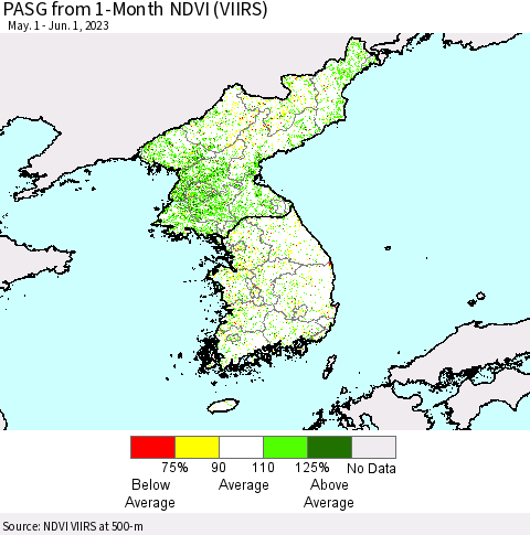 Korea PASG from 1-Month NDVI (VIIRS) Thematic Map For 5/25/2023 - 6/1/2023