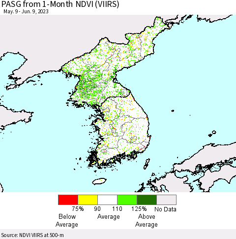 Korea PASG from 1-Month NDVI (VIIRS) Thematic Map For 6/2/2023 - 6/9/2023