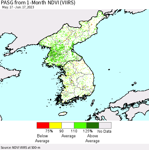 Korea PASG from 1-Month NDVI (VIIRS) Thematic Map For 6/10/2023 - 6/17/2023