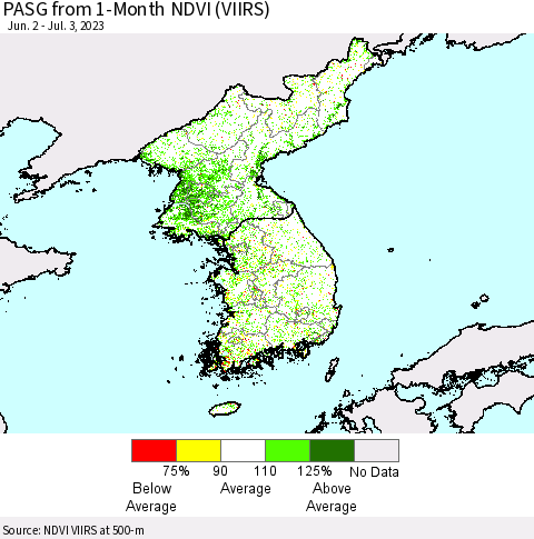 Korea PASG from 1-Month NDVI (VIIRS) Thematic Map For 6/26/2023 - 7/3/2023