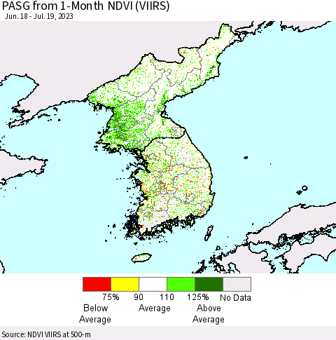 Korea PASG from 1-Month NDVI (VIIRS) Thematic Map For 7/12/2023 - 7/19/2023