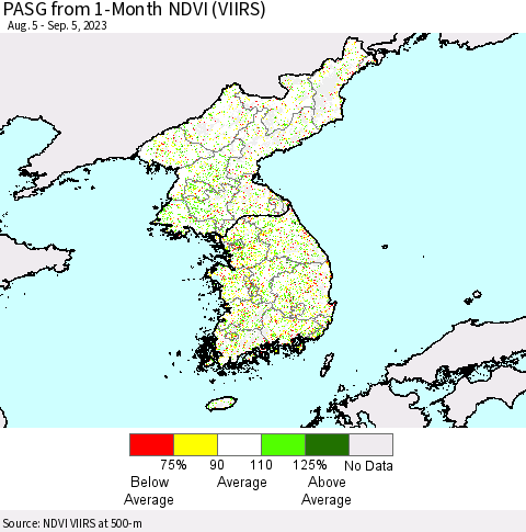 Korea PASG from 1-Month NDVI (VIIRS) Thematic Map For 8/29/2023 - 9/5/2023
