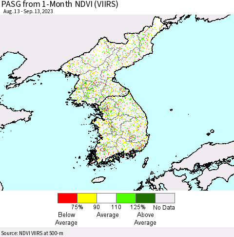 Korea PASG from 1-Month NDVI (VIIRS) Thematic Map For 9/6/2023 - 9/13/2023